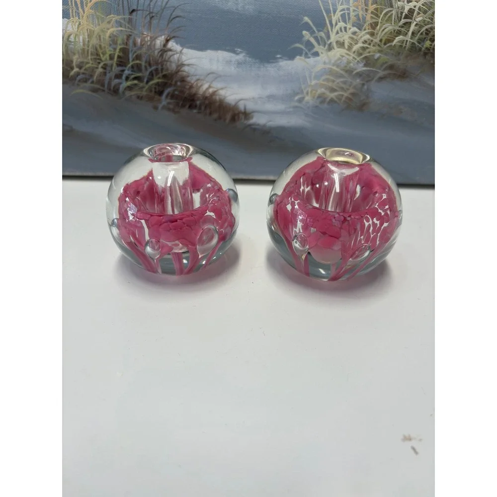 Zimmerman Art Glass Pink Floral Controlled Bubble Candle Holder Set of 2 Indiana